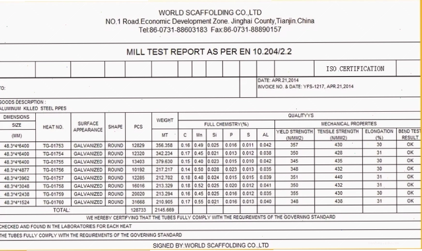 Bảng phân tích hóa học Mill test certificate