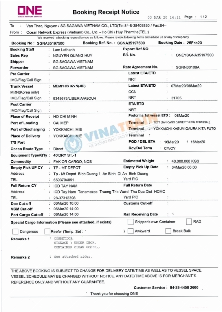 Booking Confirmation của hãng tàu ONE