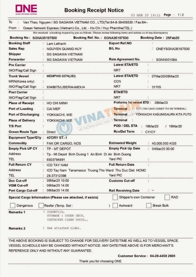 Booking Confirmation của hãng tàu ONE
