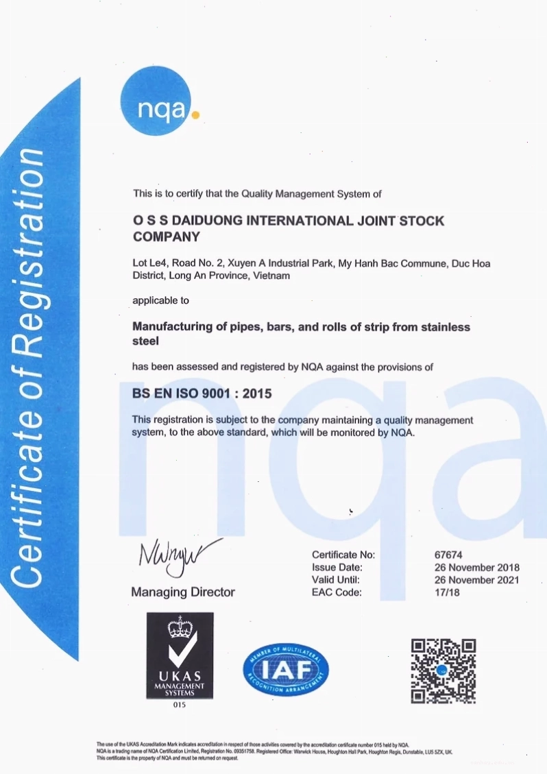 Chứng nhận ISO 9001:2015 - Inox Đại Dương