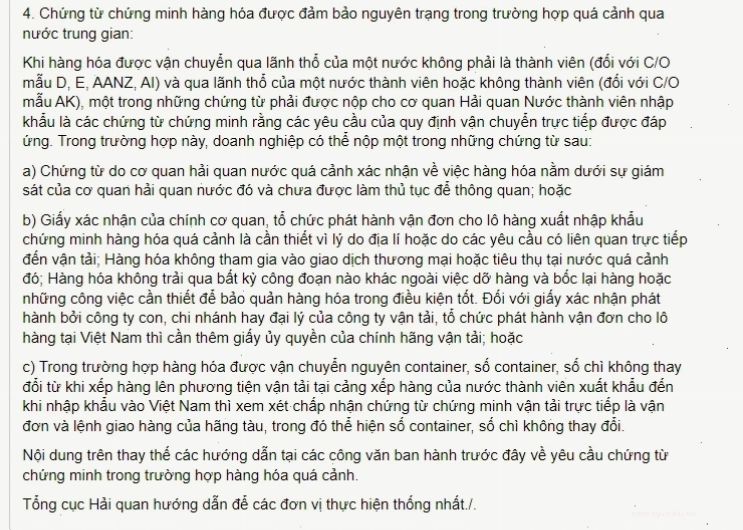 CHỨNG TỪ CHỨNG MINH HÀNG HÓA ĐƯỢC ĐẢM BẢO NGUYÊN TRẠNG KHI QUÁ CẢNH