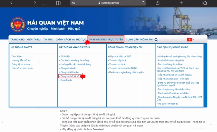 Doanh nghiệp đăng ký chữ ký số hải quan trên website Cục Hải quan