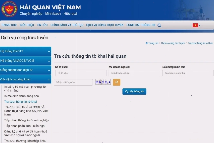Hệ thống tra cứu thông tin tờ khai hải quan trực tuyến