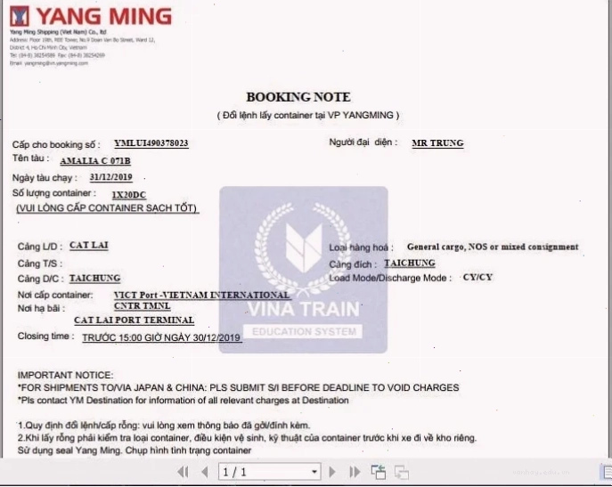 Mẫu booking note từ hãng tàu Yanming
