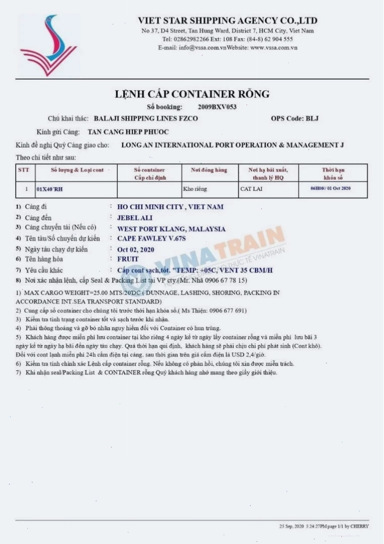 Mẫu lệnh cấp container rỗng thực tế