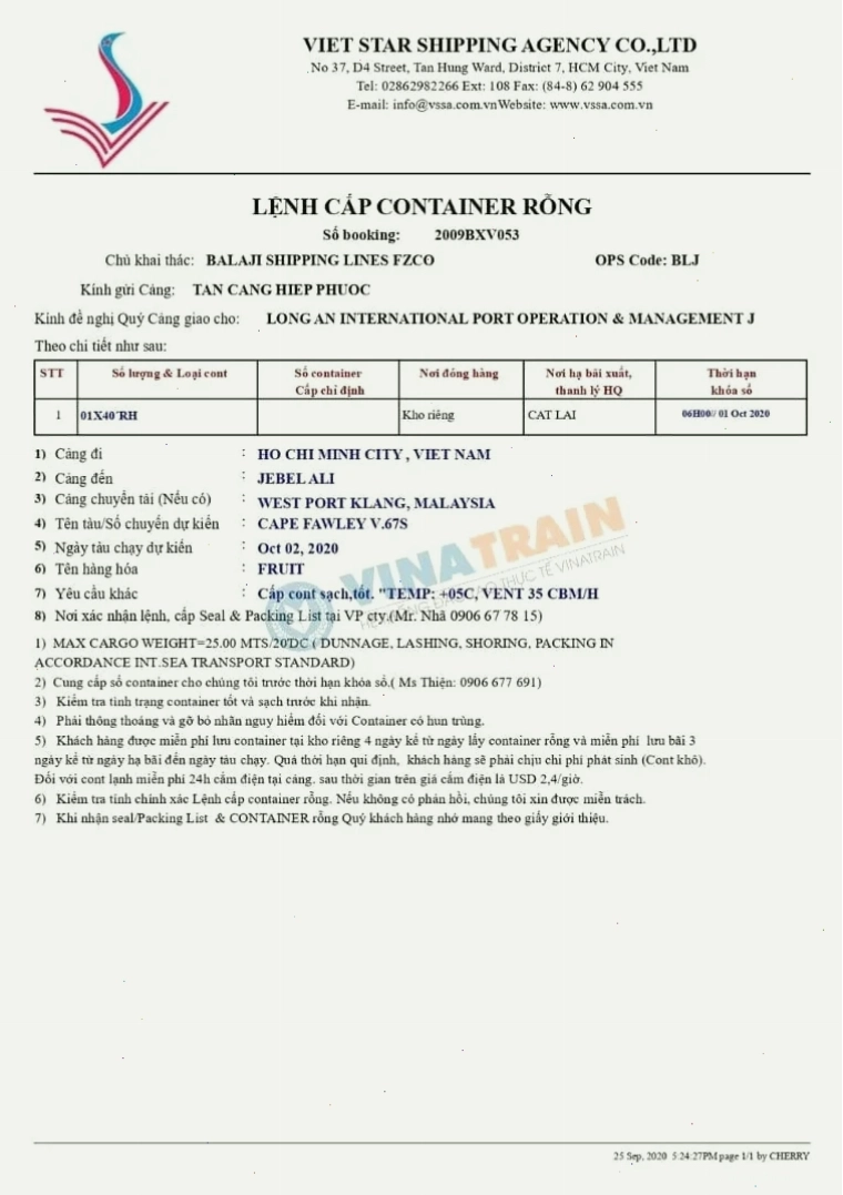 Mẫu lệnh cấp container rỗng thực tế