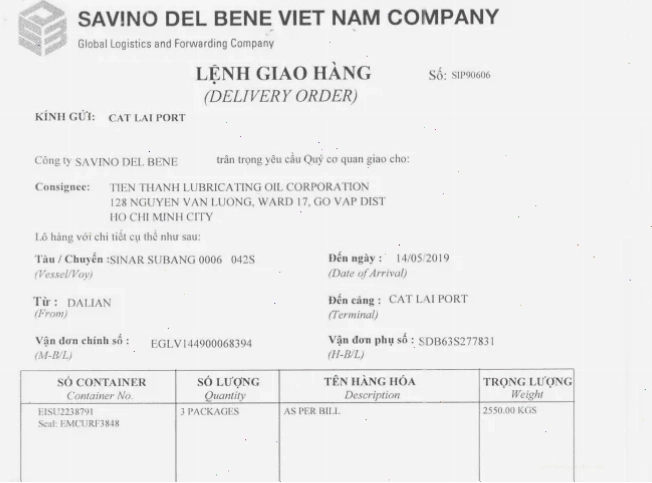 Mẫu lệnh giao hàng do công ty FWD phát hành