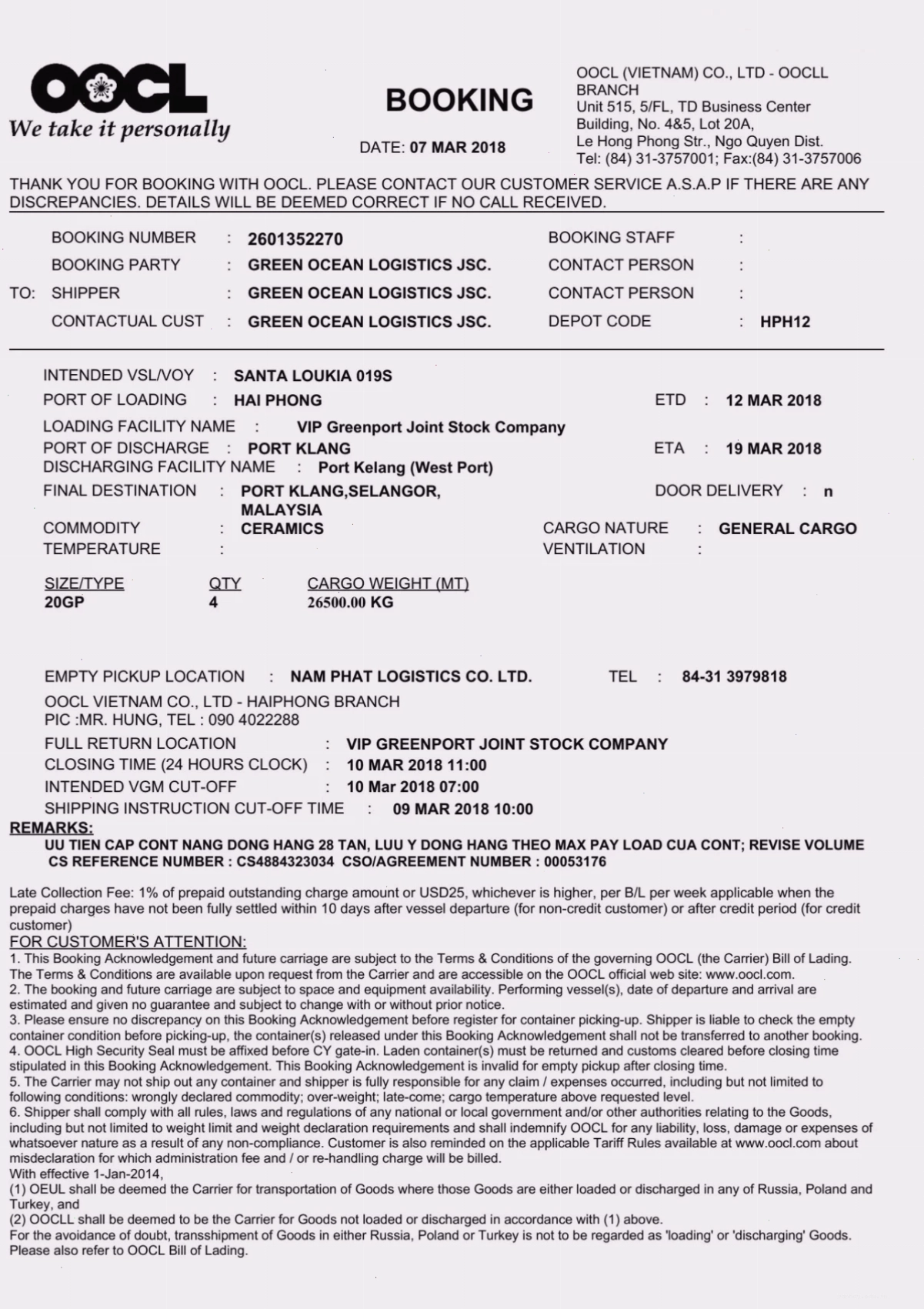 Mẫu phiếu booking note tiêu chuẩn
