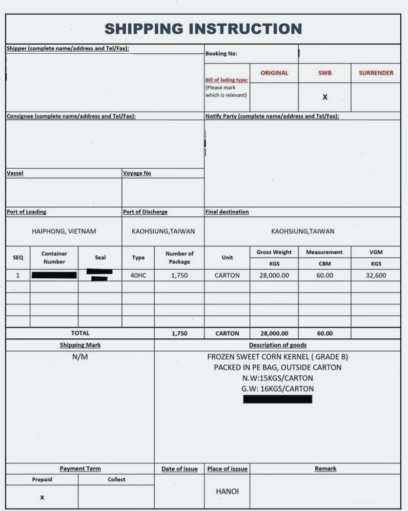 Mẫu Shipping Instruction (SI) cơ bản