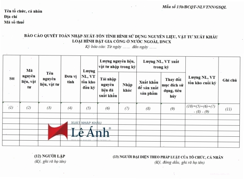 Mẫu số 15/BCQT-NVL/GSQL chi tiết các khoản nhập xuất tồn