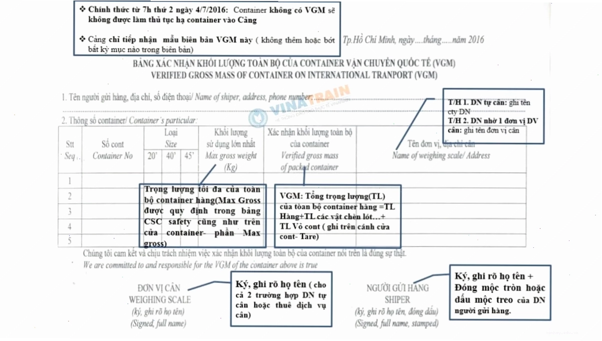 Mẫu VGM chuẩn theo quy định