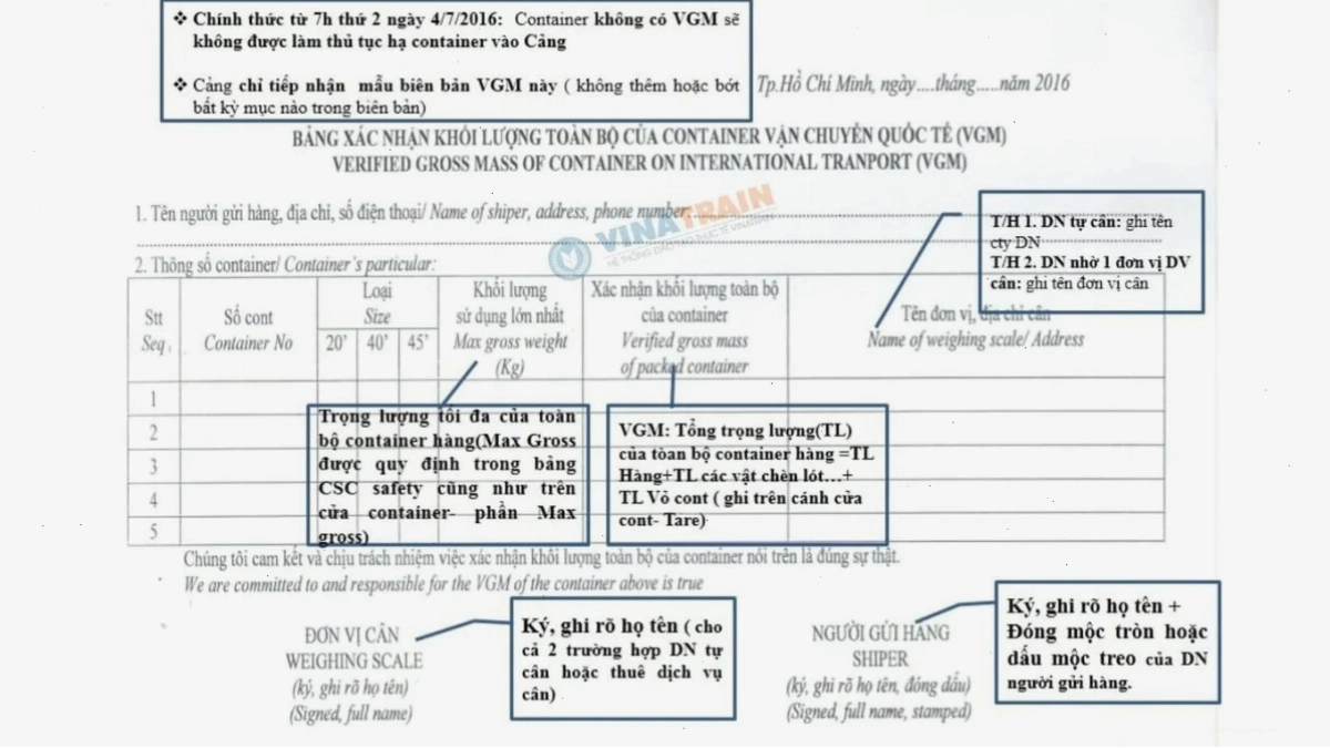 Mẫu VGM chuẩn theo quy định