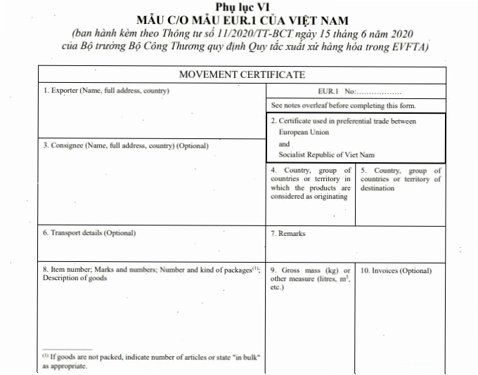 Thông tin từ mục 1 - mục 10 tại mẫu C/O mẫu EUR.1