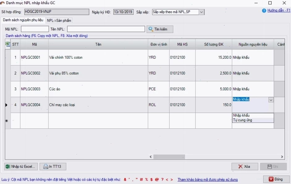Ví dụ file Excel nhập định mức gia công