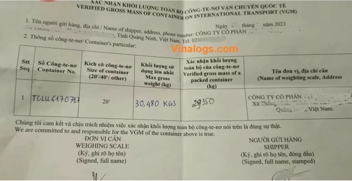 Ví dụ khai VGM chi tiết